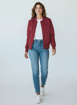 BeachBodyz® burgundy bomber jacket for men and women, classic streetwear style with zip closure and ribbed cuffs.