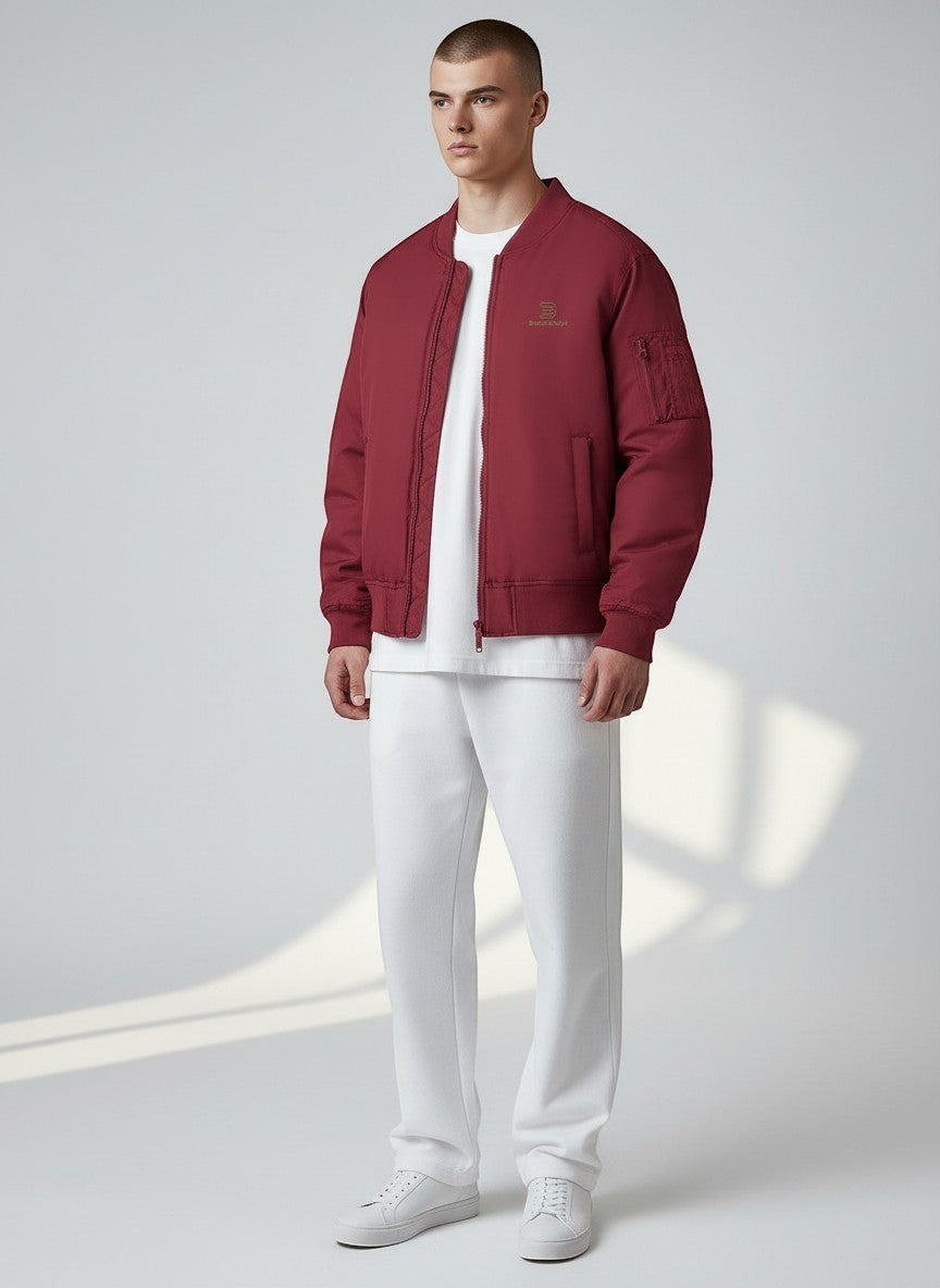 BeachBodyz® burgundy bomber jacket for men and women with zip pockets and sleeve pocket. Streetwear style.