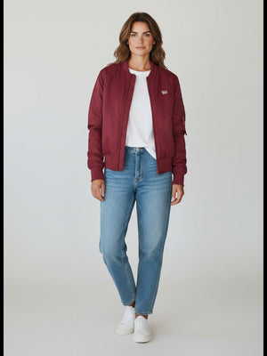 BeachBodyz® burgundy bomber jacket with orange lining, zip front, and elasticated cuffs and hem.