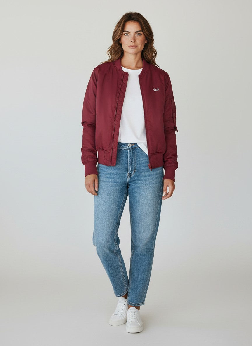 BeachBodyz® burgundy bomber jacket with orange lining, zip front, and elasticated cuffs and hem.
