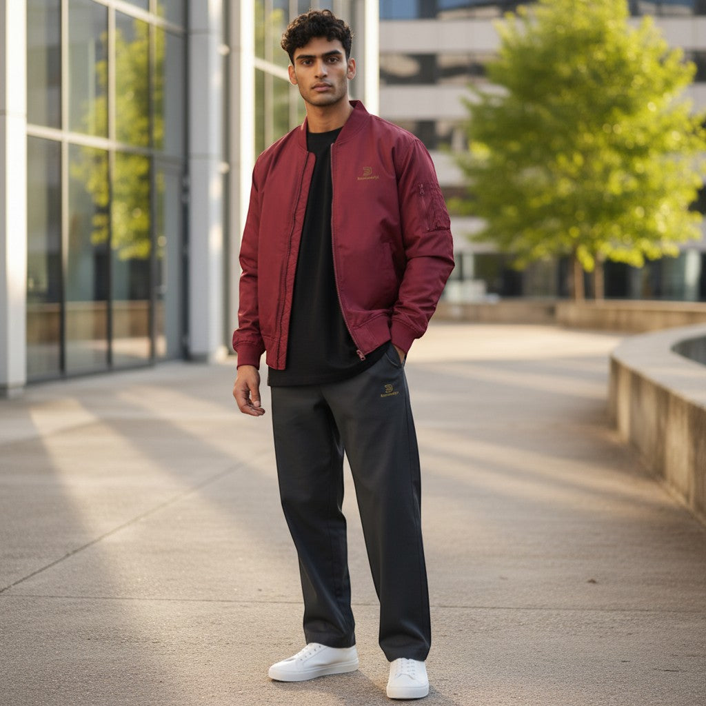 BeachBodyz® burgundy bomber jacket with zip pockets and embroidered logo on chest. Ribbed cuffs and collar.