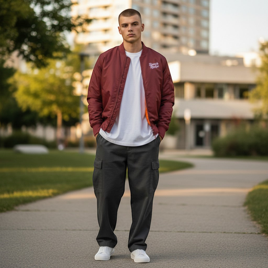 BeachBodyz® burgundy bomber jacket with white logo embroidery, ribbed cuffs and hem, and orange lining.