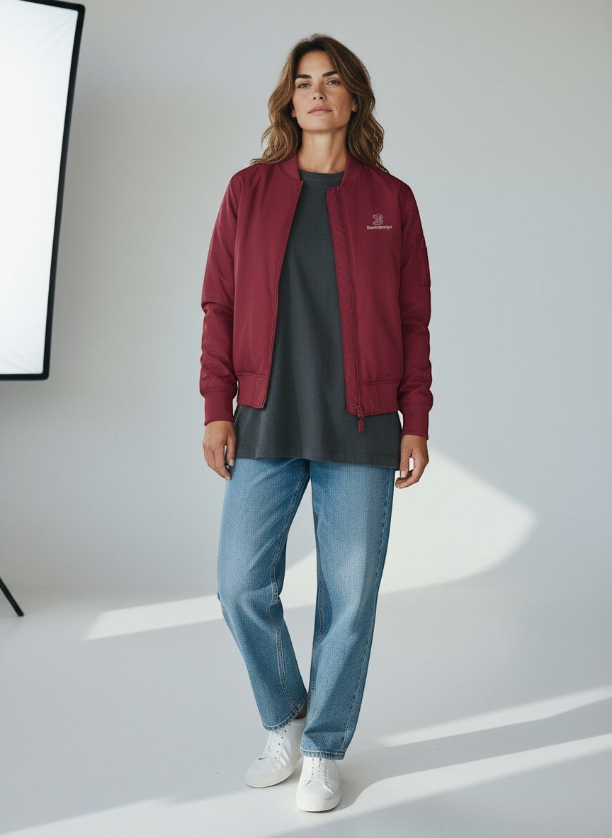 BeachBodyz® burgundy bomber jacket for men and women with zip closure and embroidered logo.