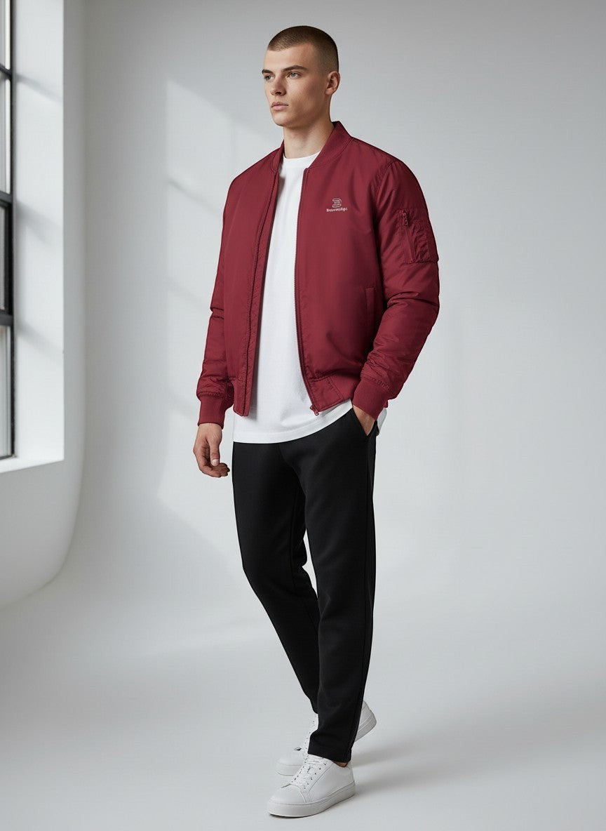 BeachBodyz® burgundy bomber jacket for men and women, classic streetwear style with zip closure and ribbed cuffs.