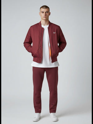 BeachBodyz® burgundy bomber jacket with orange lining, zip front, and elasticated cuffs and hem.
