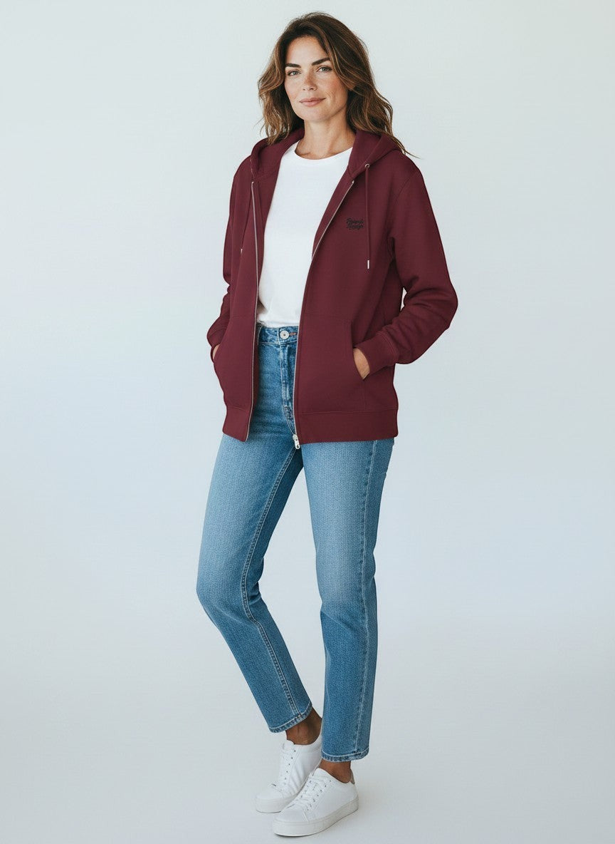 BeachBodyz® burgundy zip-up hoodie with subtle chest embroidery and front pockets, made from organic cotton blend.