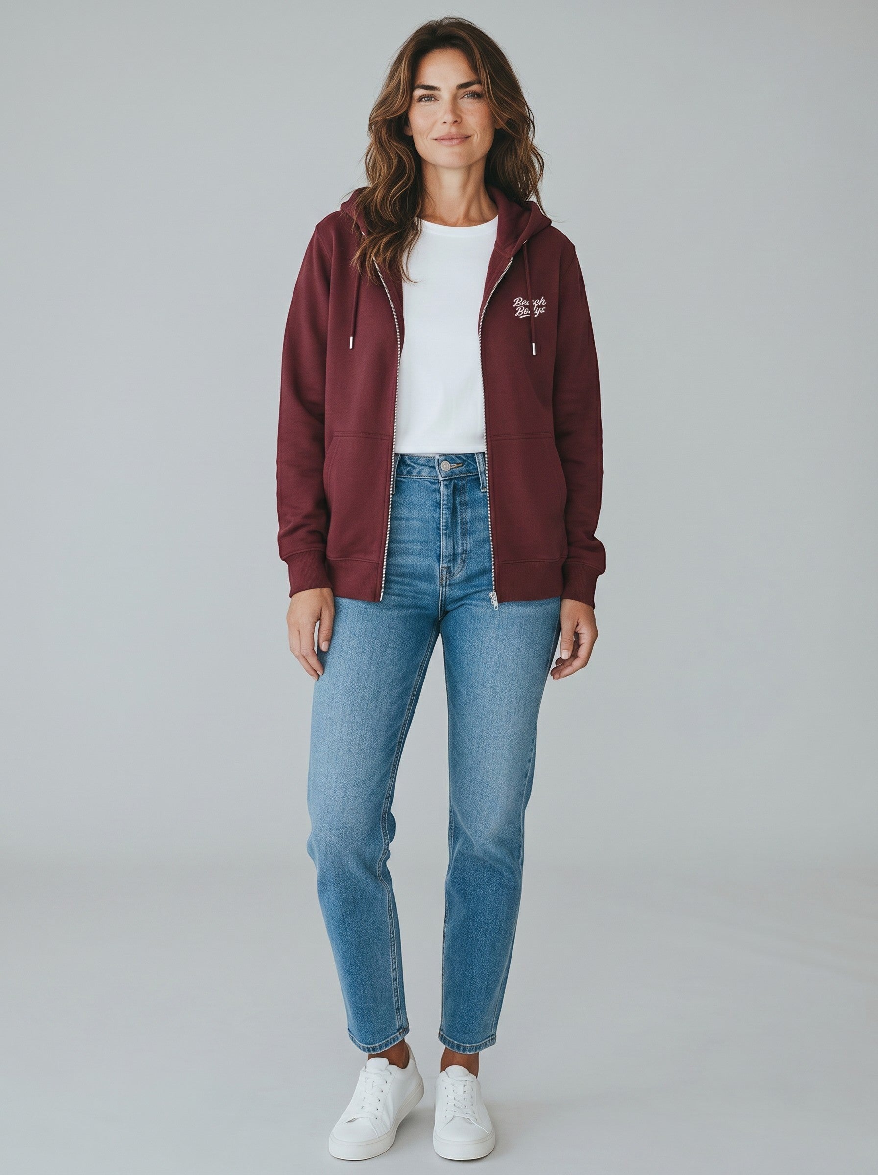 BeachBodyz® burgundy zip-up hoodie with white embroidered logo on chest, made from organic cotton.
