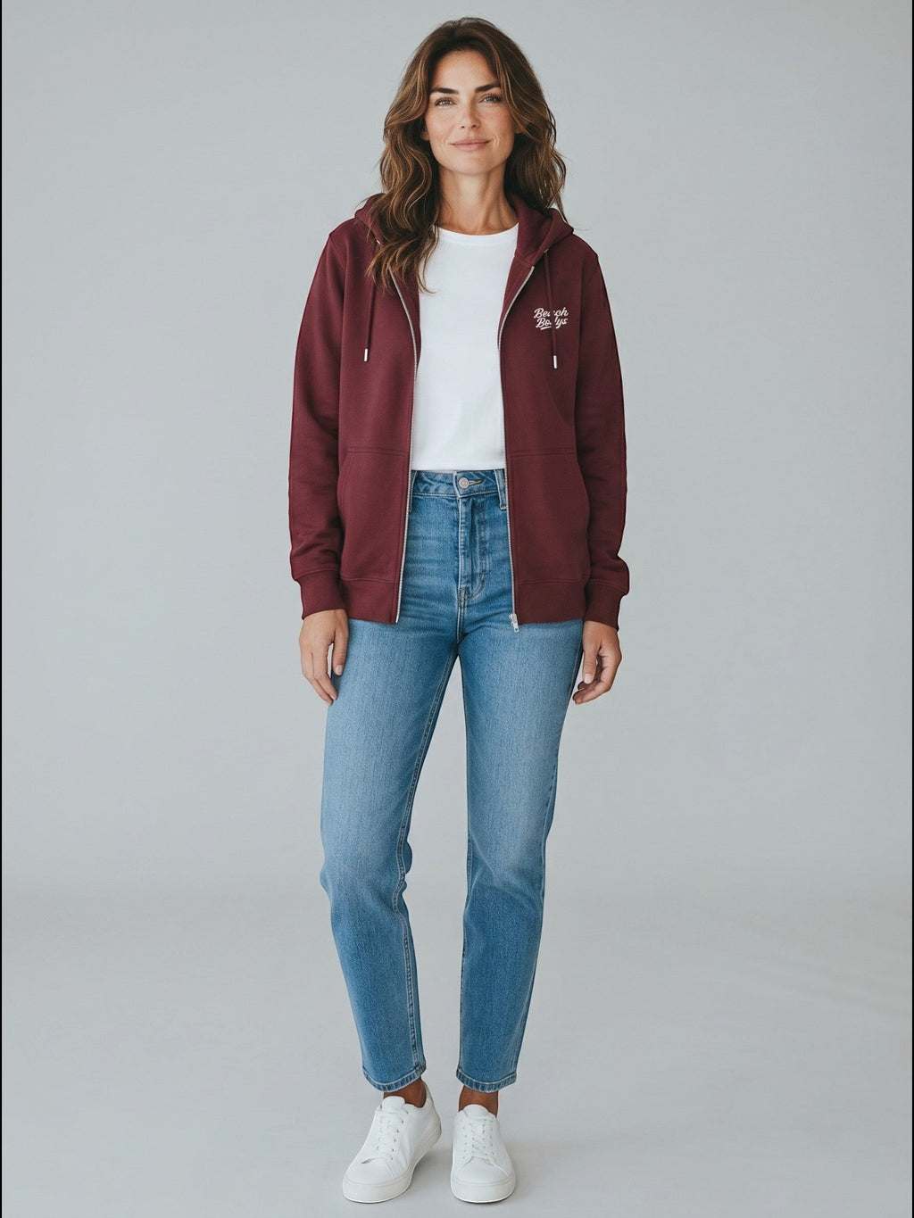 BeachBodyz® burgundy zip-up hoodie with white embroidered logo on chest, made from organic cotton.