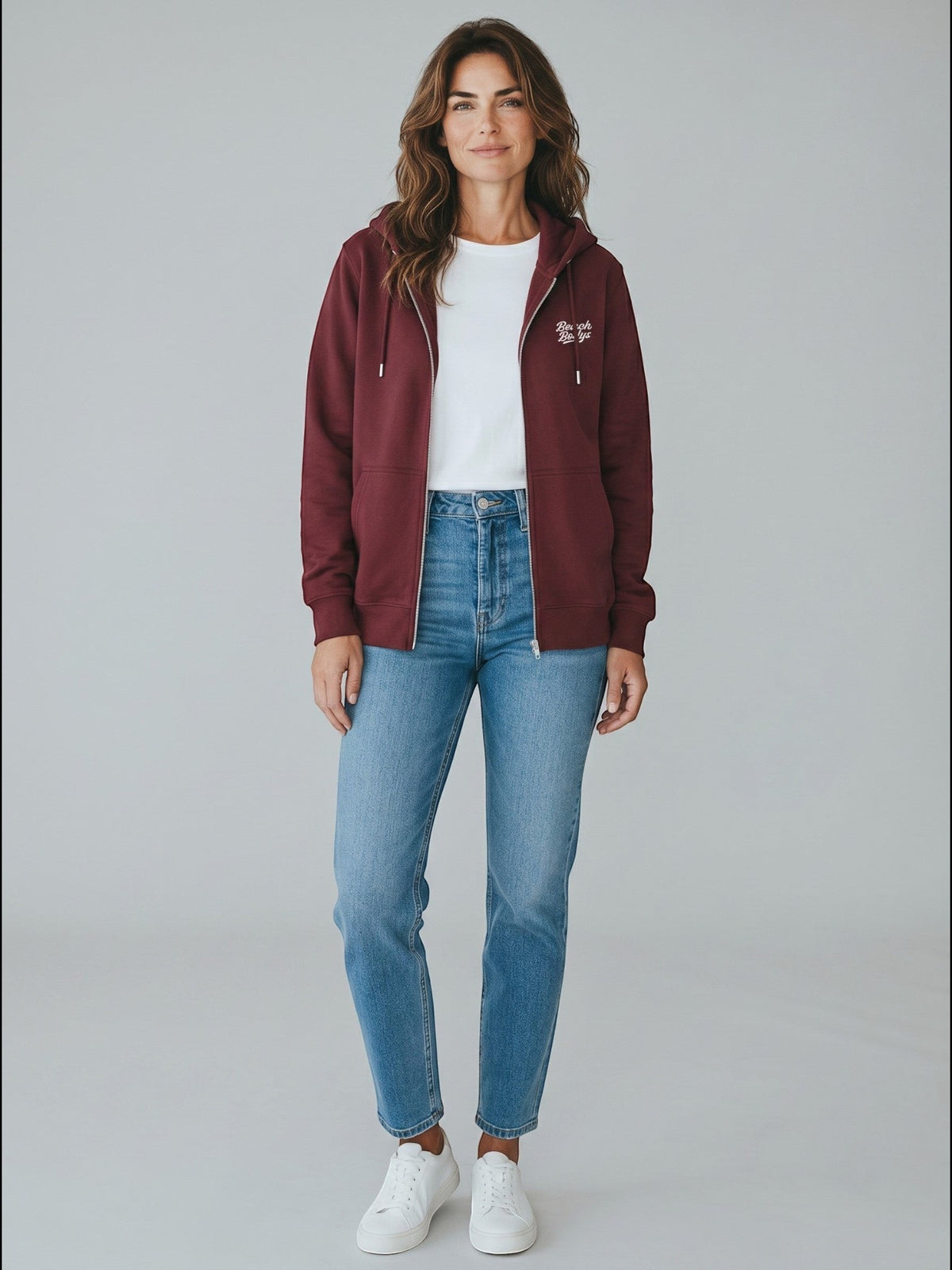 BeachBodyz® burgundy zip-up hoodie with white embroidered logo on chest, made from organic cotton.