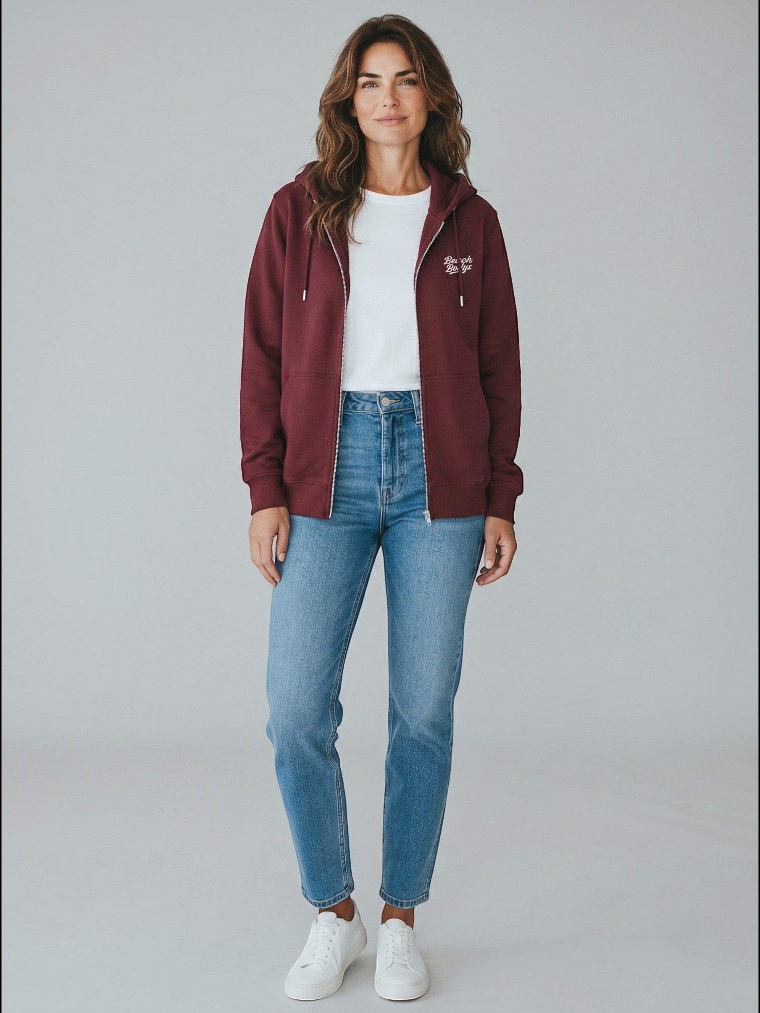 BeachBodyz® burgundy zip-up hoodie with white embroidered logo on chest, made from organic cotton.