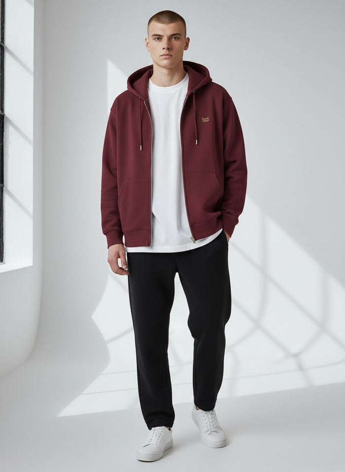 BeachBodyz® burgundy oversized zip-up hoodie made from organic cotton with embroidered logo and front pockets.