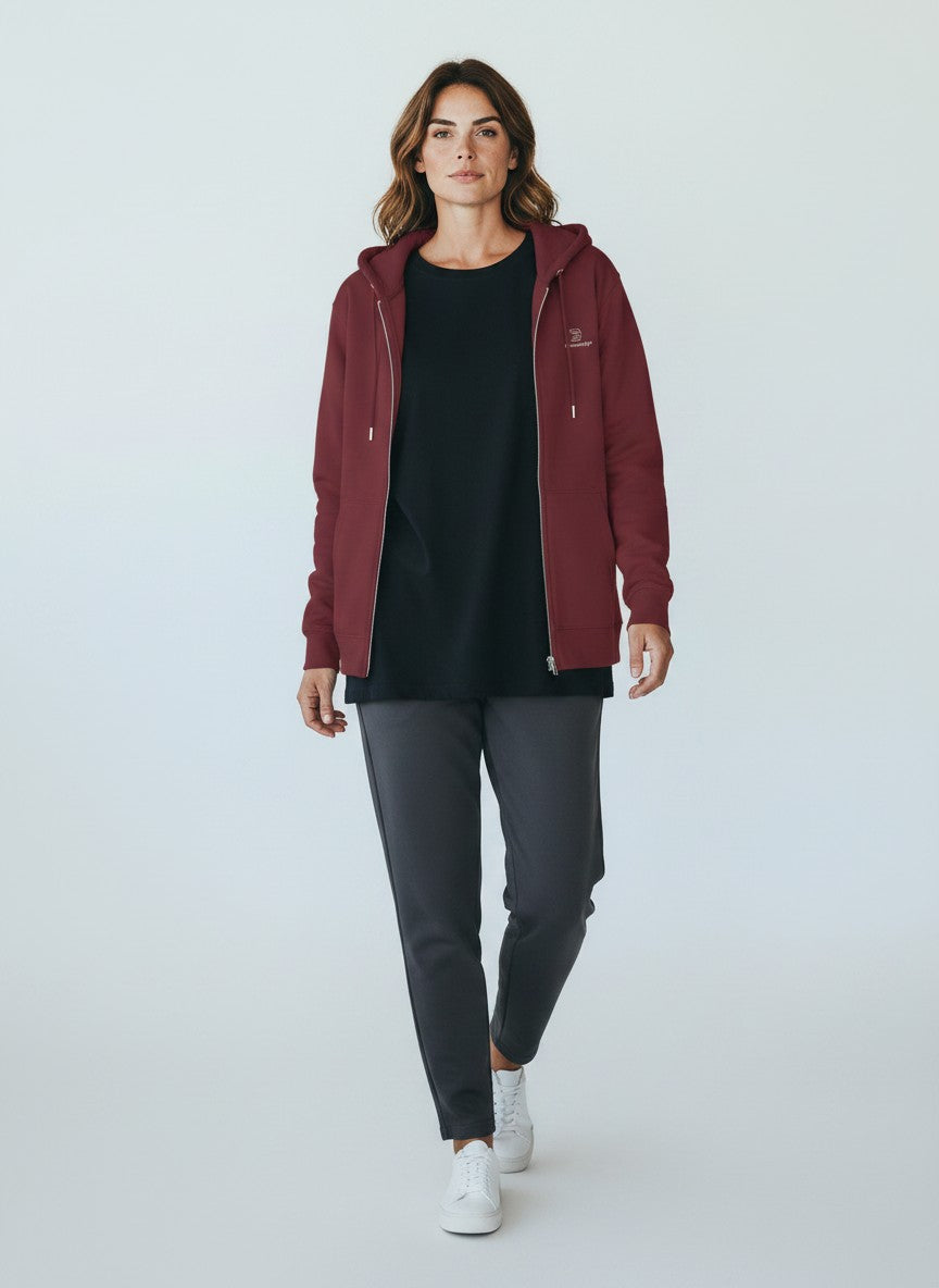 BeachBodyz® burgundy zip-up hoodie made from organic cotton with embroidered logo on chest and front pockets.