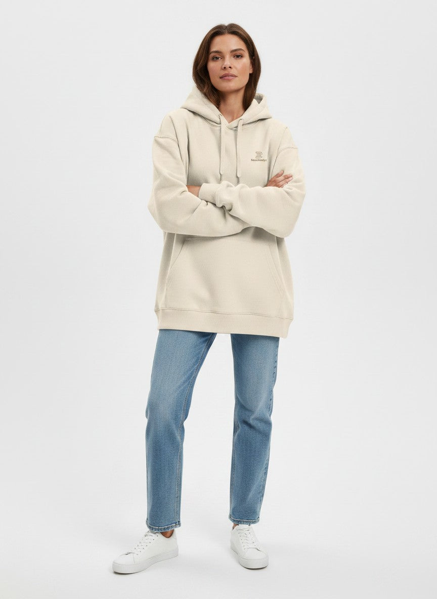 BeachBodyz® cream oversized hoodie made from 400gsm bio-cotton with embroidered logo on chest and kangaroo pocket.