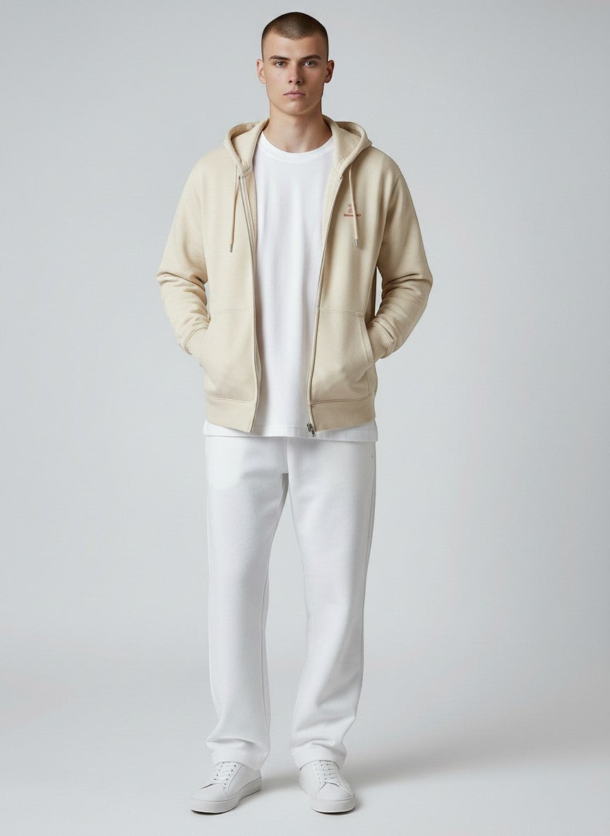 BeachBodyz® cream organic cotton zip-up hoodie with embroidered logo on chest and front pockets.