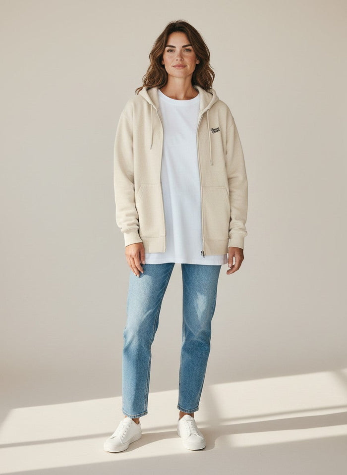 BeachBodyz® cream organic cotton zip-up hoodie with embroidered logo and front pockets.