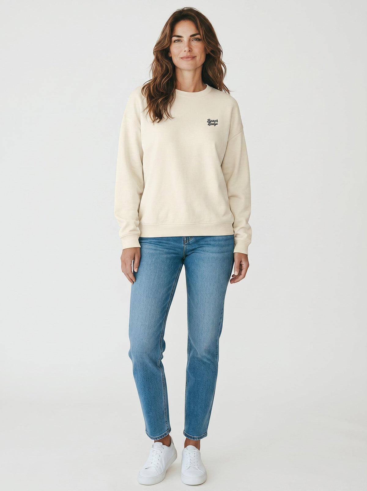 BeachBodyz® cream organic cotton oversized sweatshirt with embroidered logo on chest.