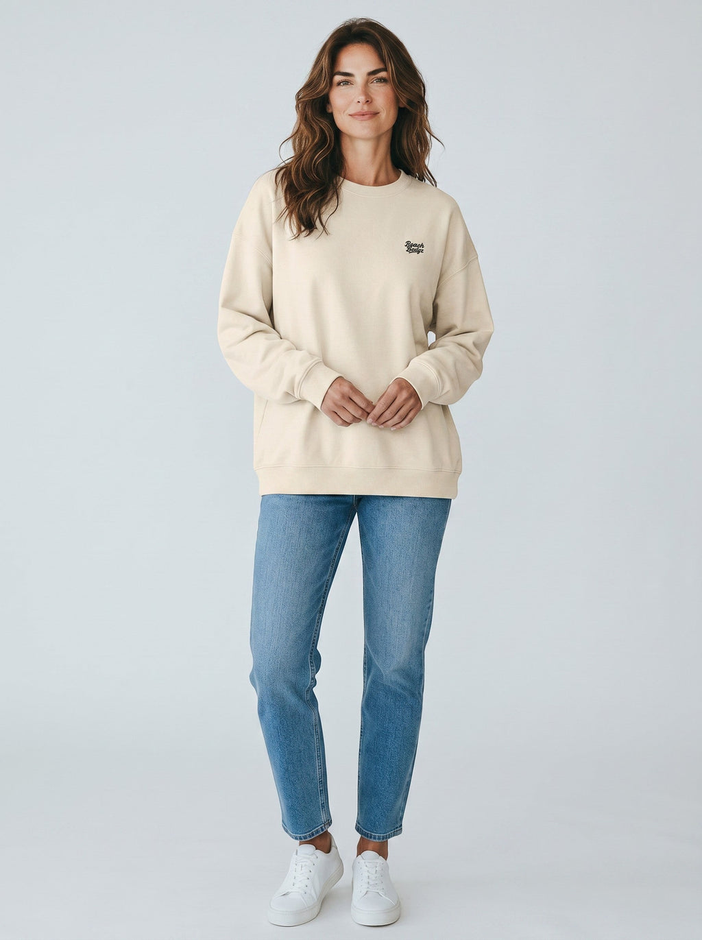 BeachBodyz® cream organic cotton oversized sweatshirt with embroidered logo on chest. Crew neck, long sleeves, ribbed cuffs and hem.