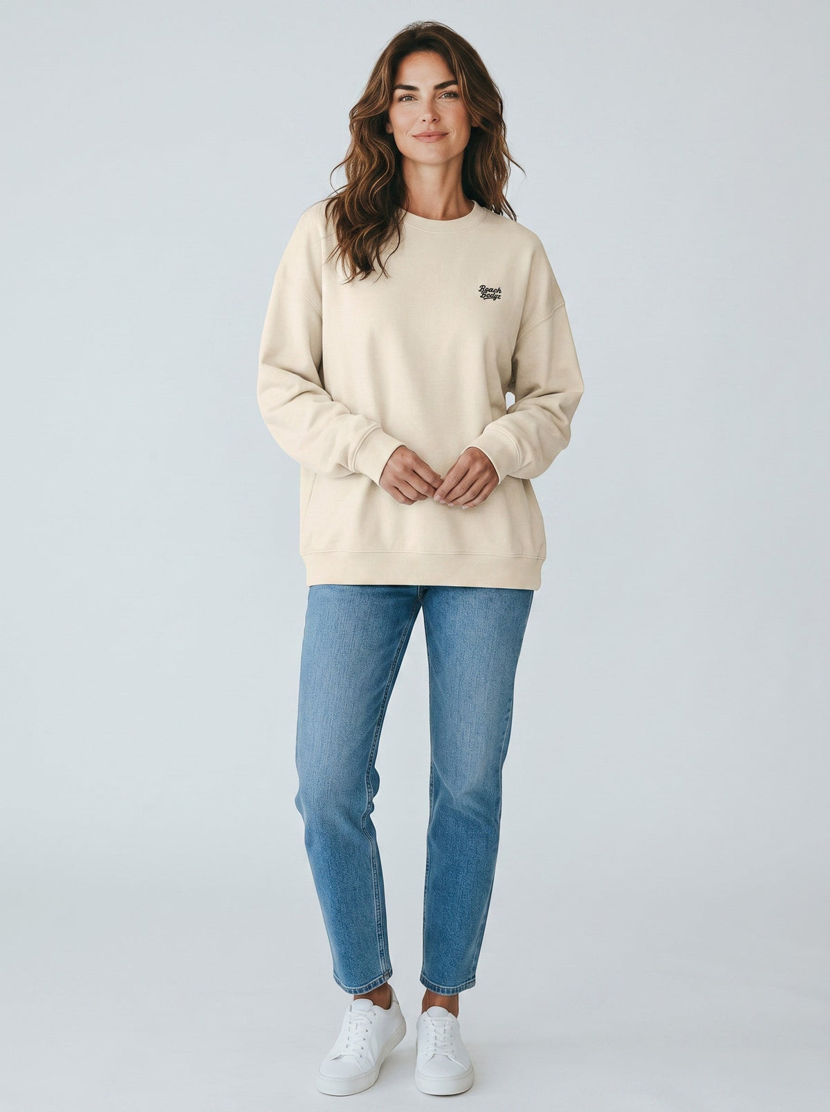 BeachBodyz® cream organic cotton oversized sweatshirt with embroidered logo on chest. Crew neck, long sleeves, ribbed cuffs and hem.