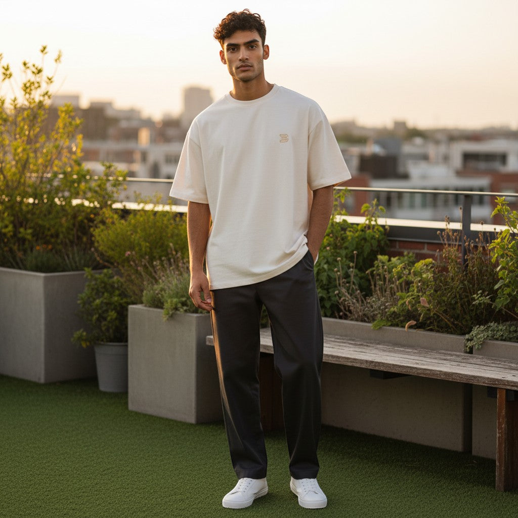 BeachBodyz® cream oversized t-shirt made from 100% premium cotton with a small gold logo on the chest.