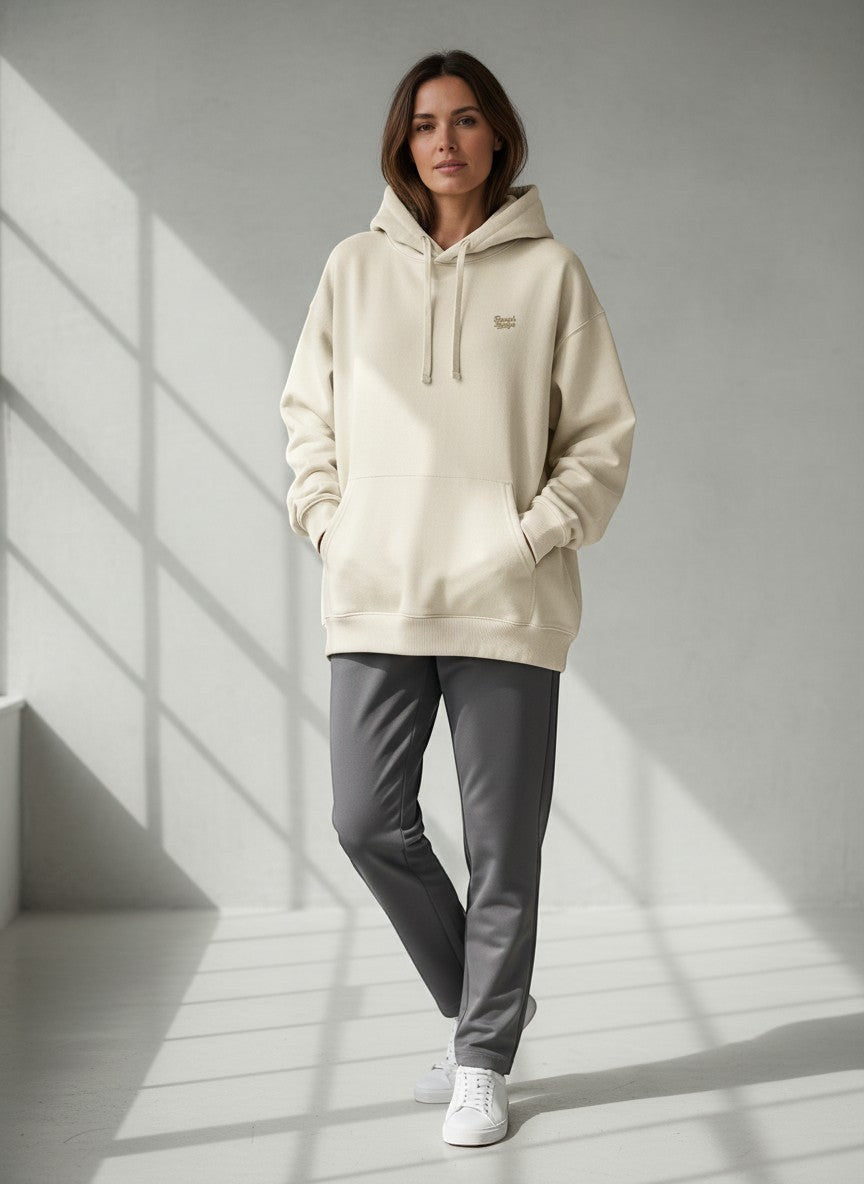 BeachBodyz® cream organic cotton oversized hoodie with embroidered logo on chest and front pocket.