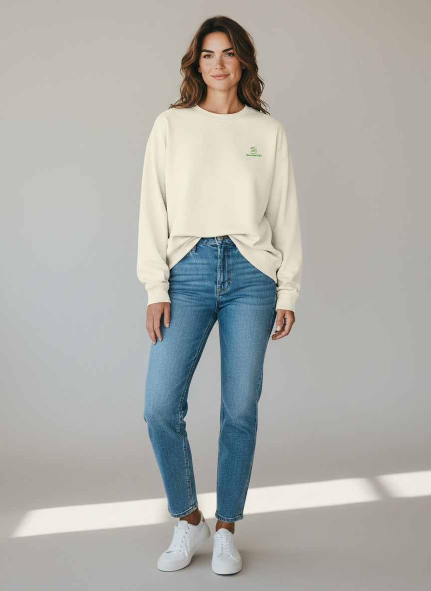 BeachBodyz® cream organic cotton oversized sweatshirt with green embroidered logo on chest.