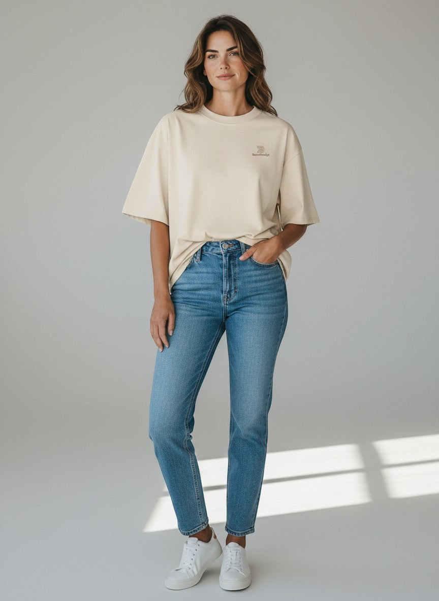 BeachBodyz® cream oversized t-shirt made from organic cotton with a small embroidered logo on the chest.