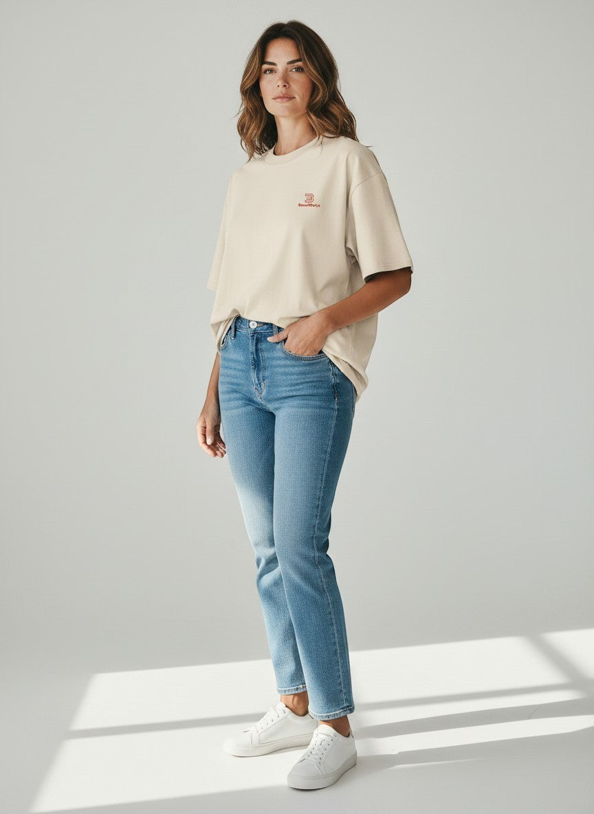 BeachBodyz® cream organic cotton oversized t-shirt with embroidered logo on chest.