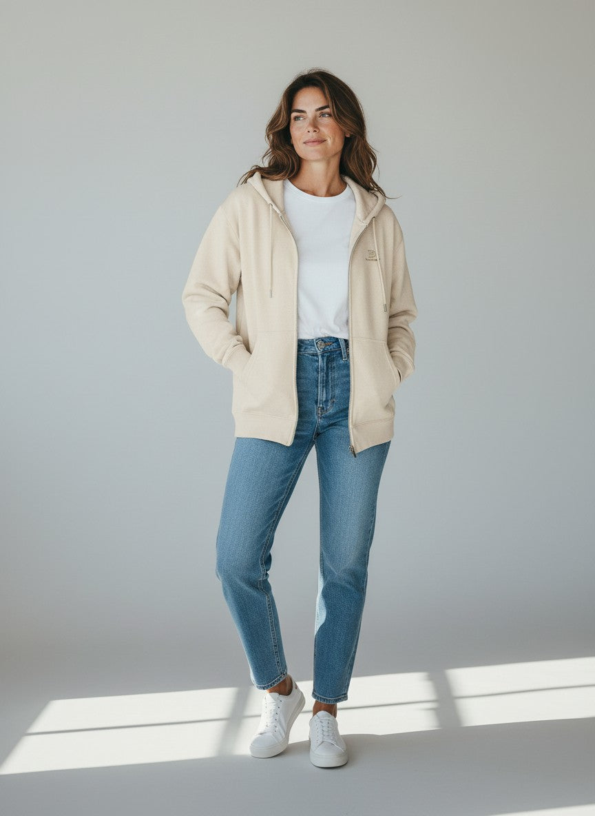 BeachBodyz® cream organic cotton blend zip-up hoodie with subtle "Silence" embroidery and front pockets.