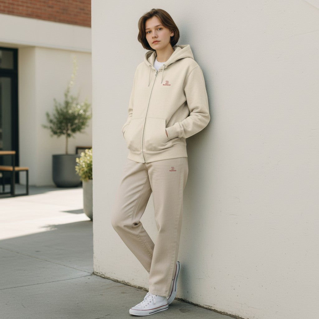 BeachBodyz® cream cotton-blend zip-up hoodie with red logo and front pockets.