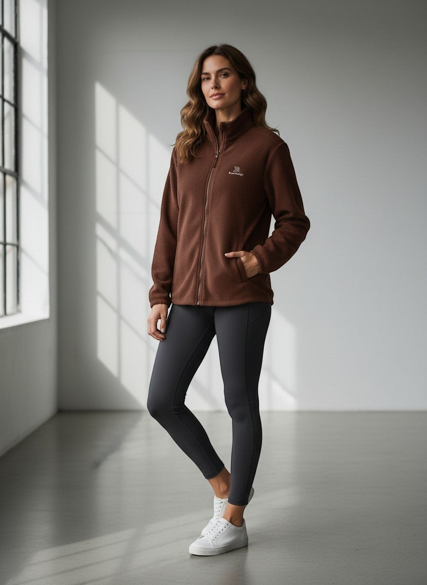 BeachBodyz® Identity fleece jacket in dark chocolate brown, featuring a zip-up front, stand-up collar, and two side pockets. Soft fleece material for warmth and comfort.