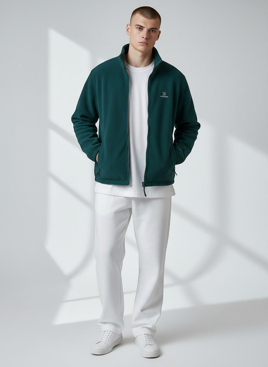 BeachBodyz® dark green fleece jacket for men and women with zip and pockets, streetwear style.