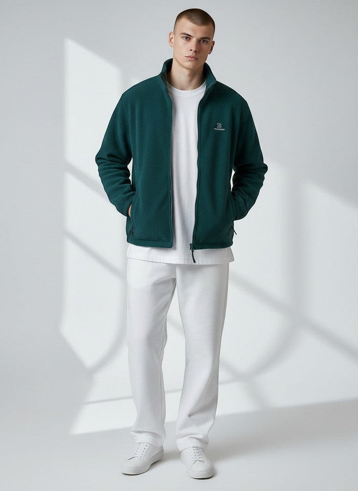 BeachBodyz® dark green fleece jacket for men and women with zip and pockets, streetwear style.