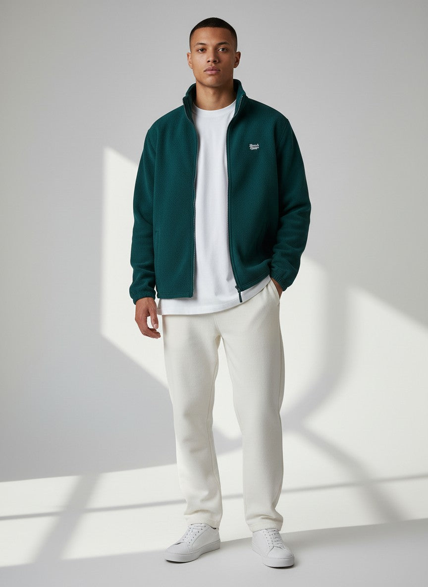 BeachBodyz® dark green fleece jacket with zip and embroidered logo, featuring a stand-up collar and side pockets.