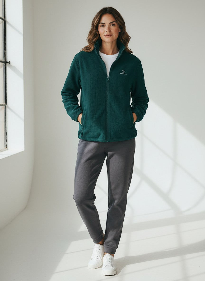 BeachBodyz® dark green fleece jacket for men and women with zip and pockets. Soft, warm streetwear style.