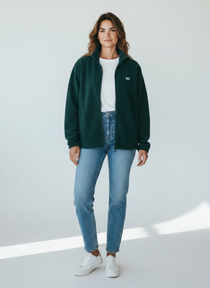 BeachBodyz® dark green fleece jacket with stand-up collar and white embroidered logo on chest. Features zip closure and side pockets.