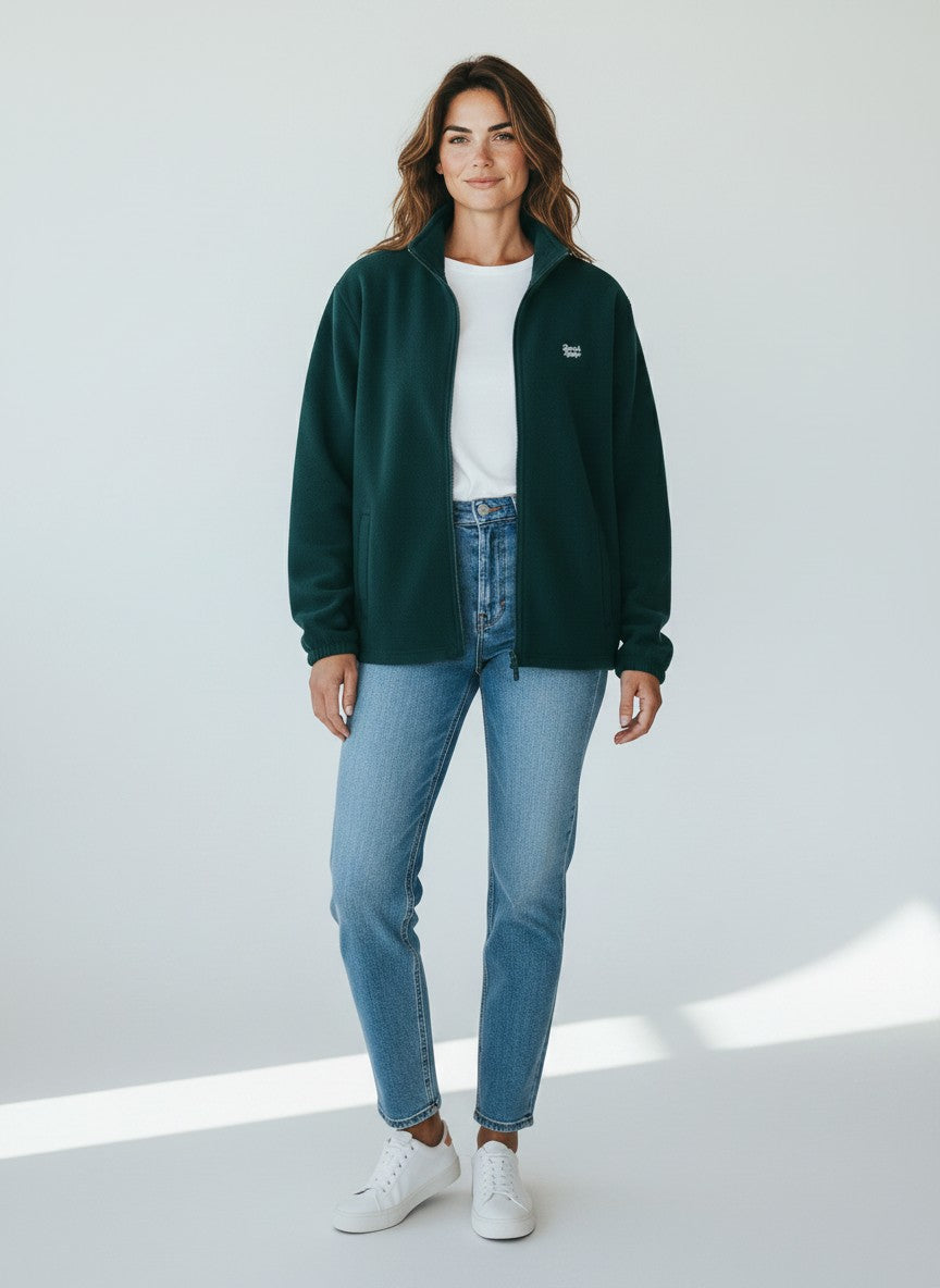 BeachBodyz® dark green fleece jacket with stand-up collar and white embroidered logo on chest. Features zip closure and side pockets.