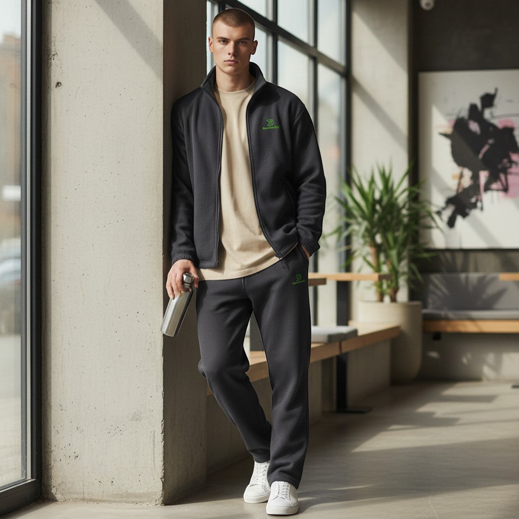 BeachBodyz® dark grey fleece jacket with green logo, full zip, stand-up collar, and two zip pockets. Warm streetwear style.