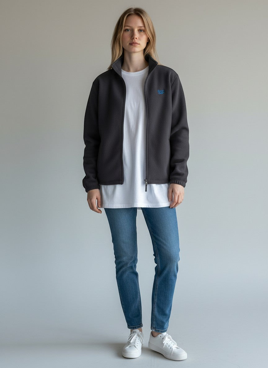 BeachBodyz® dark grey fleece jacket with zip closure and embroidered logo on chest. Unisex streetwear style.