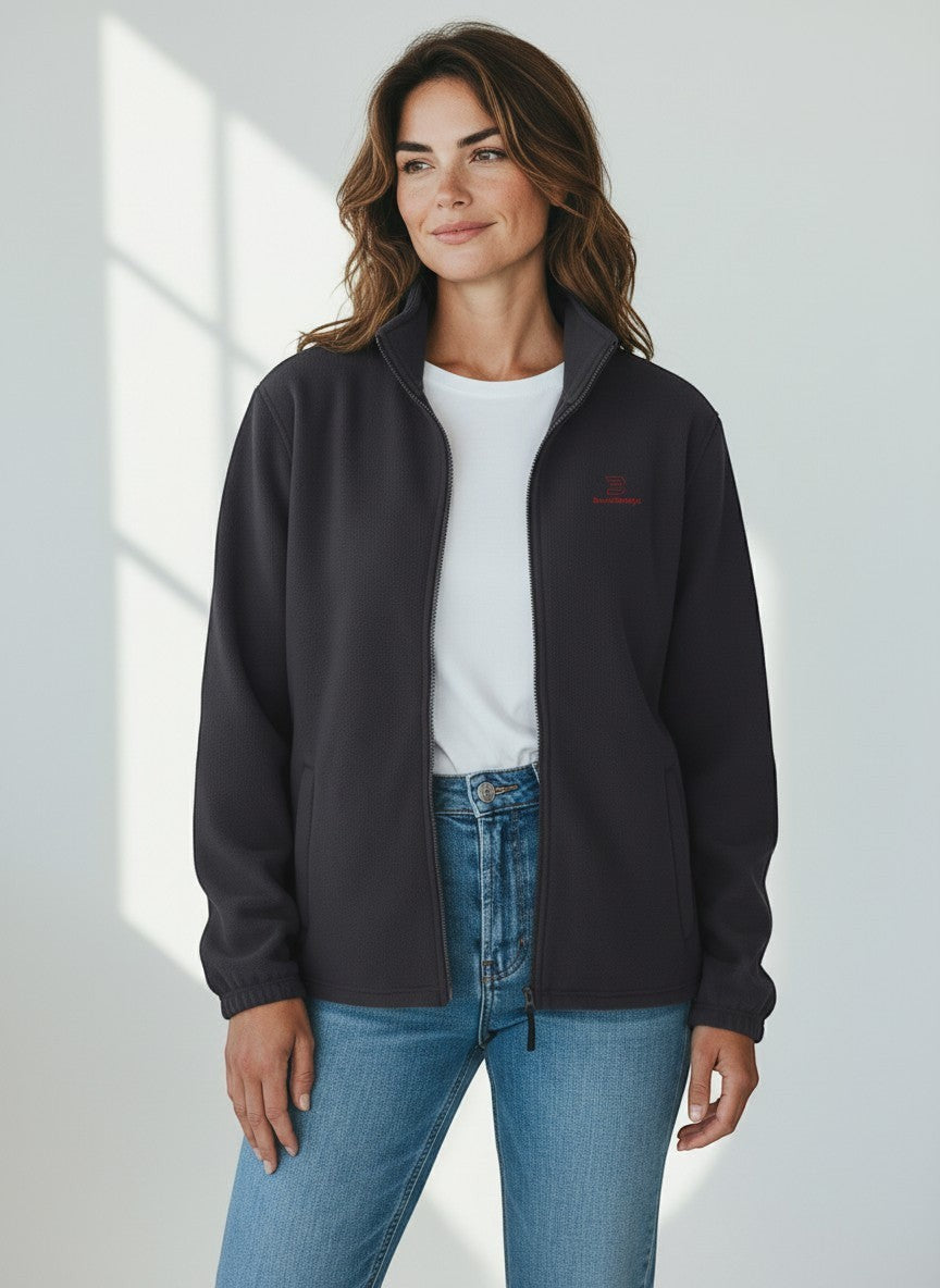 BeachBodyz® dark grey fleece jacket with red logo, full zip, stand-up collar, and side pockets. Unisex streetwear style.
