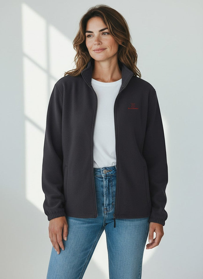 BeachBodyz® dark grey fleece jacket with red logo, full zip, stand-up collar, and side pockets. Unisex streetwear style.