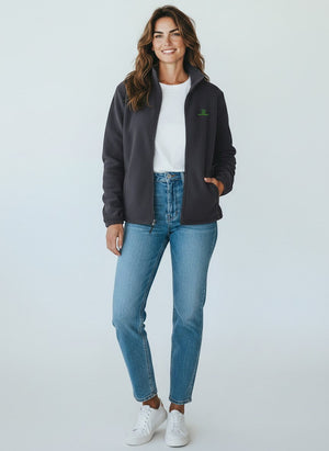 BeachBodyz® dark grey fleece jacket with zip and green logo on chest. Unisex streetwear style.