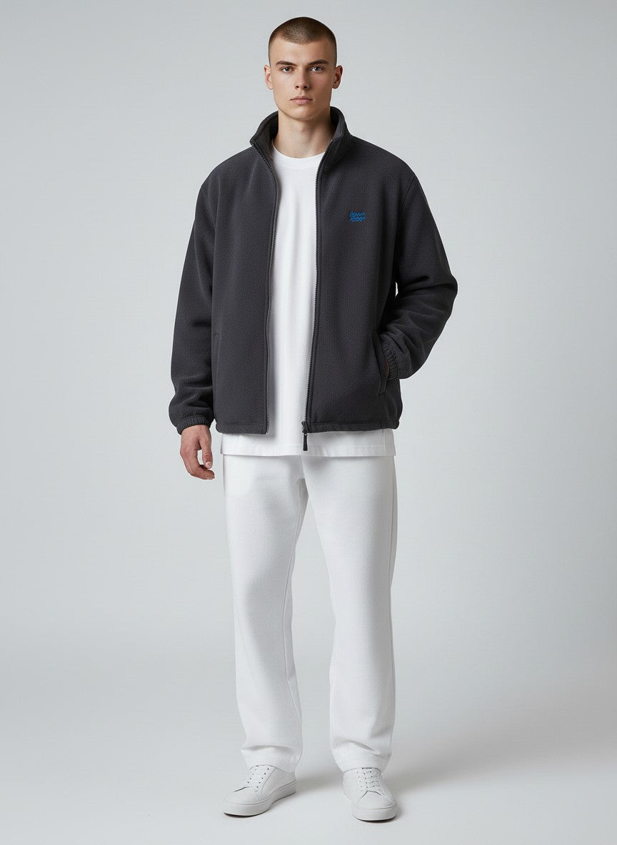 BeachBodyz® dark grey fleece jacket with blue embroidered logo, full zip and side pockets. Streetwear style.