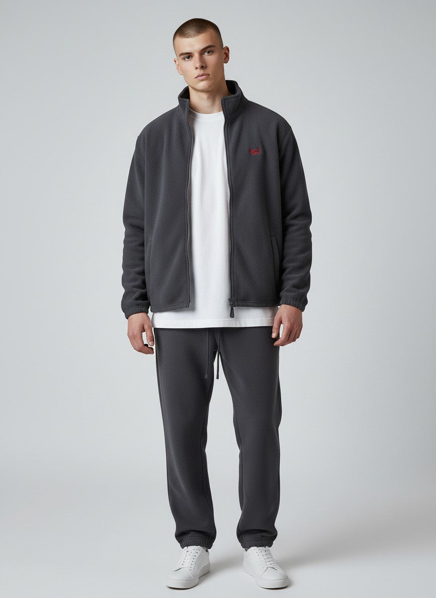 BeachBodyz® dark grey fleece jacket with red logo, full zip, high collar and side pockets. Streetwear style.