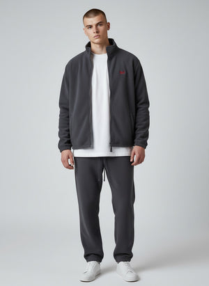 BeachBodyz® dark grey fleece jacket with red logo, full zip, high collar and side pockets. Streetwear style.