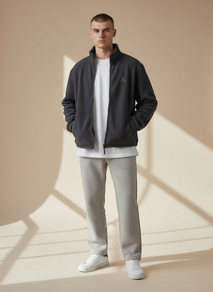 BeachBodyz® dark grey fleece jacket with zip and embroidered logo, suitable for streetwear.