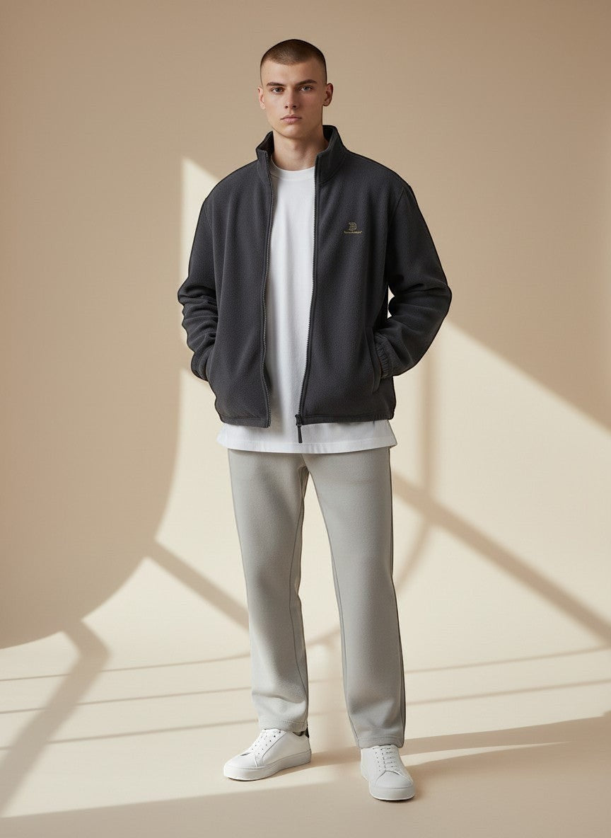 BeachBodyz® dark grey fleece jacket with zip and embroidered logo, suitable for streetwear.