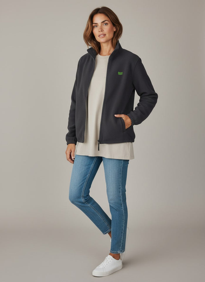 BeachBodyz® dark grey fleece jacket with green logo, full zip, stand-up collar, and side pockets. Unisex streetwear style.