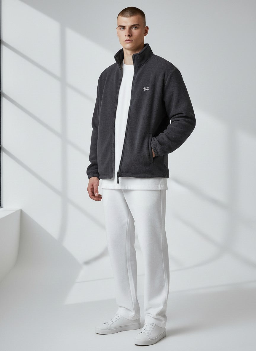 BeachBodyz® dark grey fleece jacket with stand-up collar and zip closure, featuring embroidered logo on chest. Unisex streetwear style.