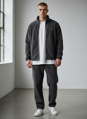 BeachBodyz® dark grey fleece jacket with zip and green logo. Unisex streetwear style.