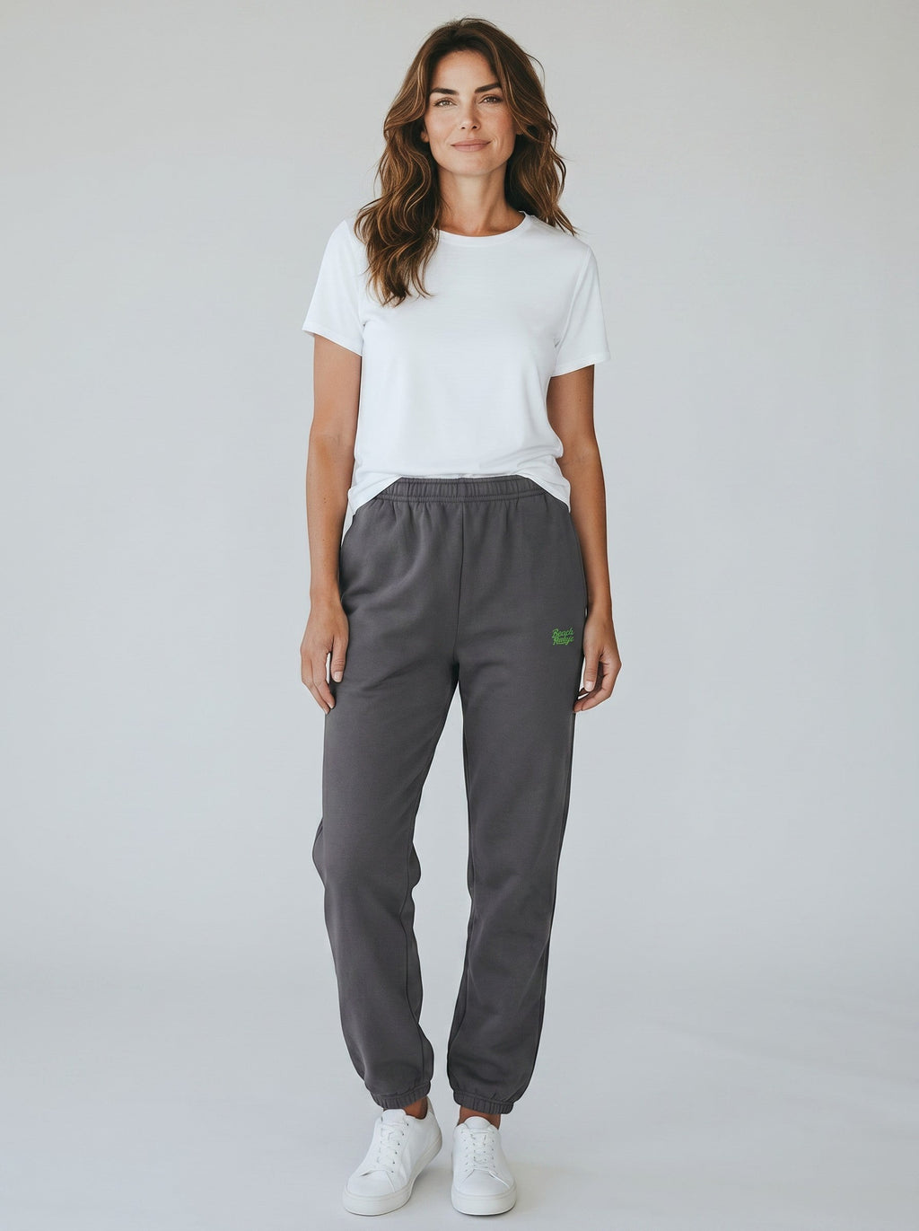 BeachBodyz® dark grey oversized fluffy jogging pants with elastic waistband and cuffs, featuring a small green logo.